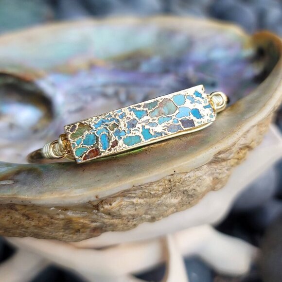 Turquoise ✦ Bar Wire Wrap Cuff ✦ 14Kt Gold Over Copper Handmade Bracelet - Picture 3 of 9